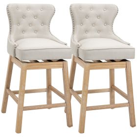 Upholstered Fabric Bar Height Bar Stools, 180�� Swivel Nailhead-Trim Pub Chairs, 30" Seat Height with Rubber Wood Legs, Set of 2, Cream