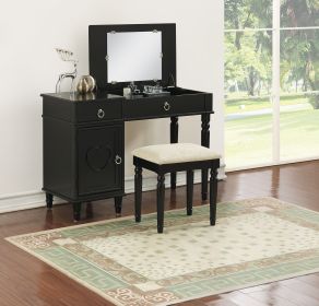 Bedroom Vanity Set w Stool Open Up Mirror Storage Space Drawers Rubber wood Ring Pull Handles Black Color Vanity