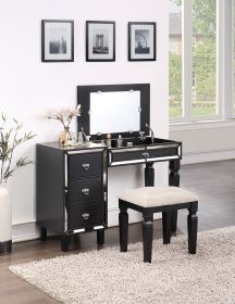 Traditional Formal Black Color Vanity Set w Stool Storage Drawers 1pc Bedroom Furniture Set Tufted Seat Stool