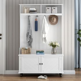 3-in-1 Entryway Hall Tree with Storage Bench and Coat Hooks, 40 Inch (Color: White)