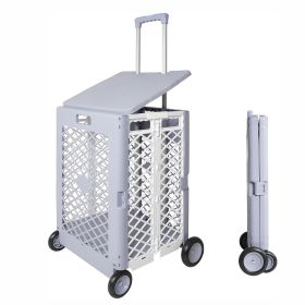 55L Foldable Rolling Cart with Wheels, Portable Updated Utility Tools with Lid Rolling Crate w/ Telescopic Handle, Yellow/Gray (sku: TL1007)